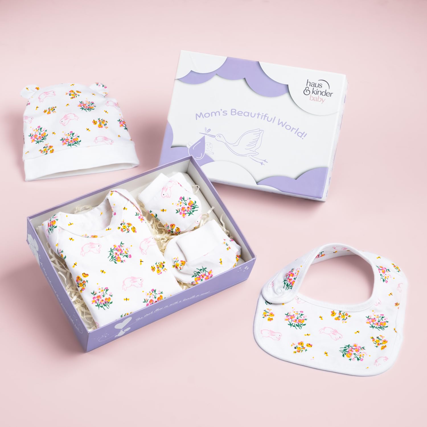 Haus and Kinder Baby Gift Set - Pack of 5: Ultimate Newborn Bundle with Onesie, Bib, Cap, Mittens & Booties - Perfect Essentials for Infants | Hippity Hop