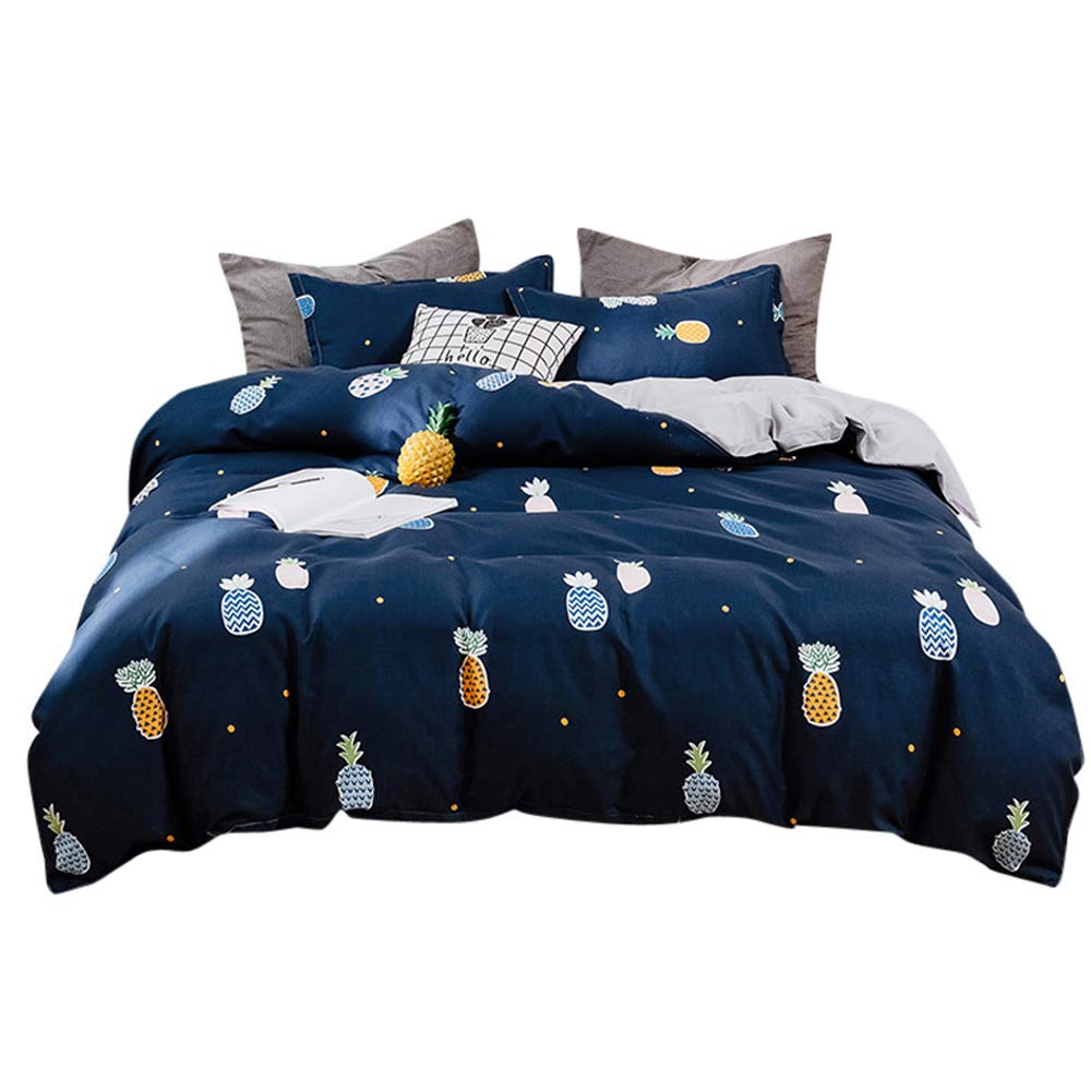 Feelyou Tropical Fruits Duvet Cover Set Queen for Girls Boys Teens Pineapple Print Bedding Set Blue Cartoon Decorative Microfiber Polyester Bedspread Cover with 2 Pillow Shams, Cute Lovely, Zipper