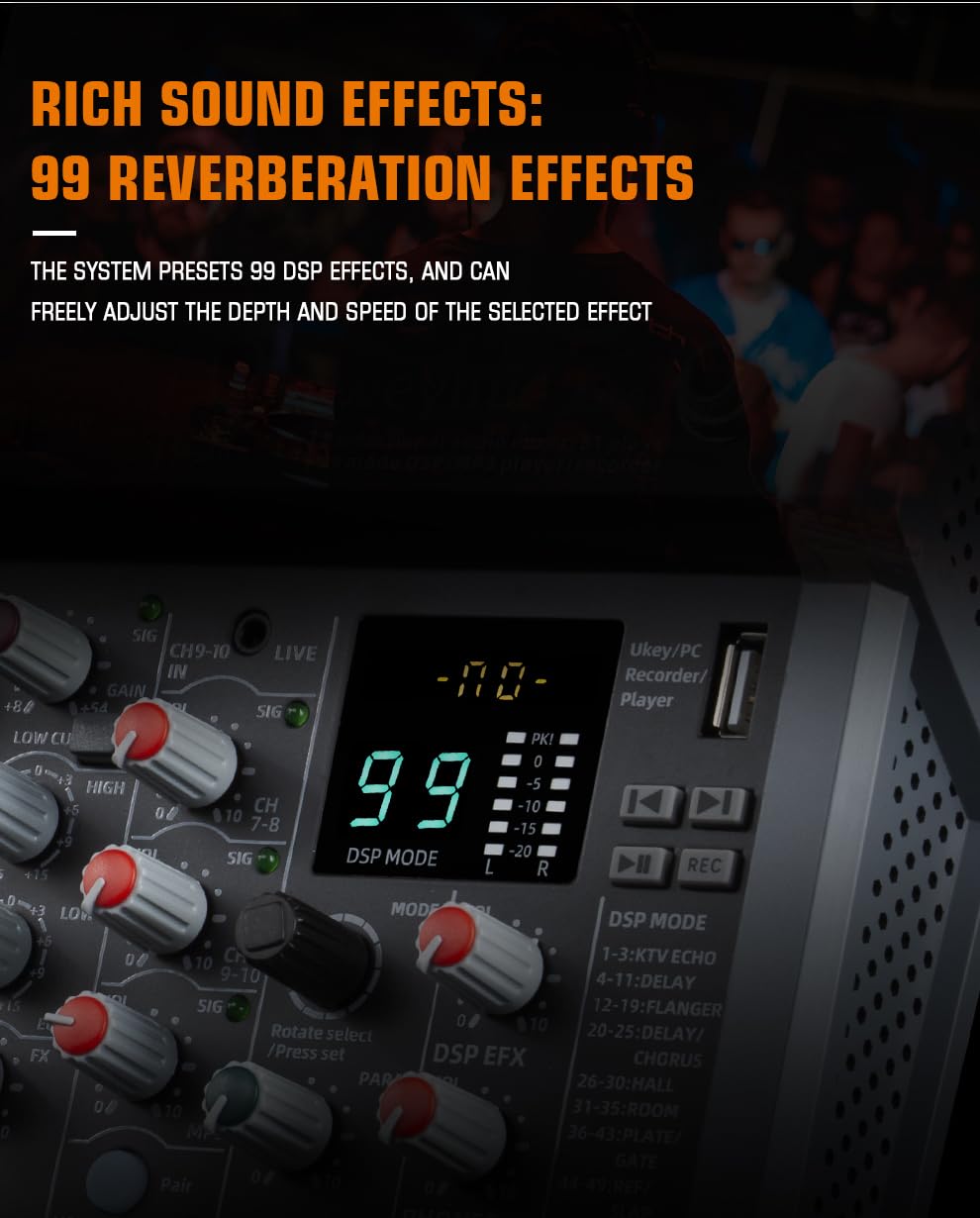 Table de mixage professionnelle A-Series pour enregistrement de musique de karaoké DJ avec clé USB pour entrée d'enregistrement d'ordinateur, prise microphone XLR, puissance 48 V, sortie RCA