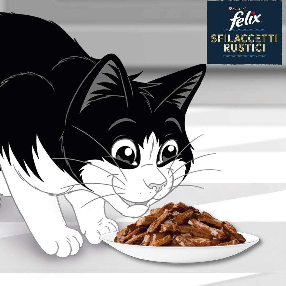 Felix Purina Sfilaccetti Rustici Cibo Umido per Gatti con Manzo, Pollo, Tonno e Salmone 48 buste da 80g