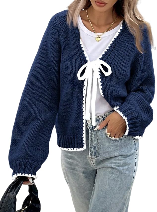ZAFUL Women's Long Sleeve Cardigan Cute Tie Front V Neck Bow Puff Fall Winter Loose Knit Trendy Cardigan Sweaters 2025
