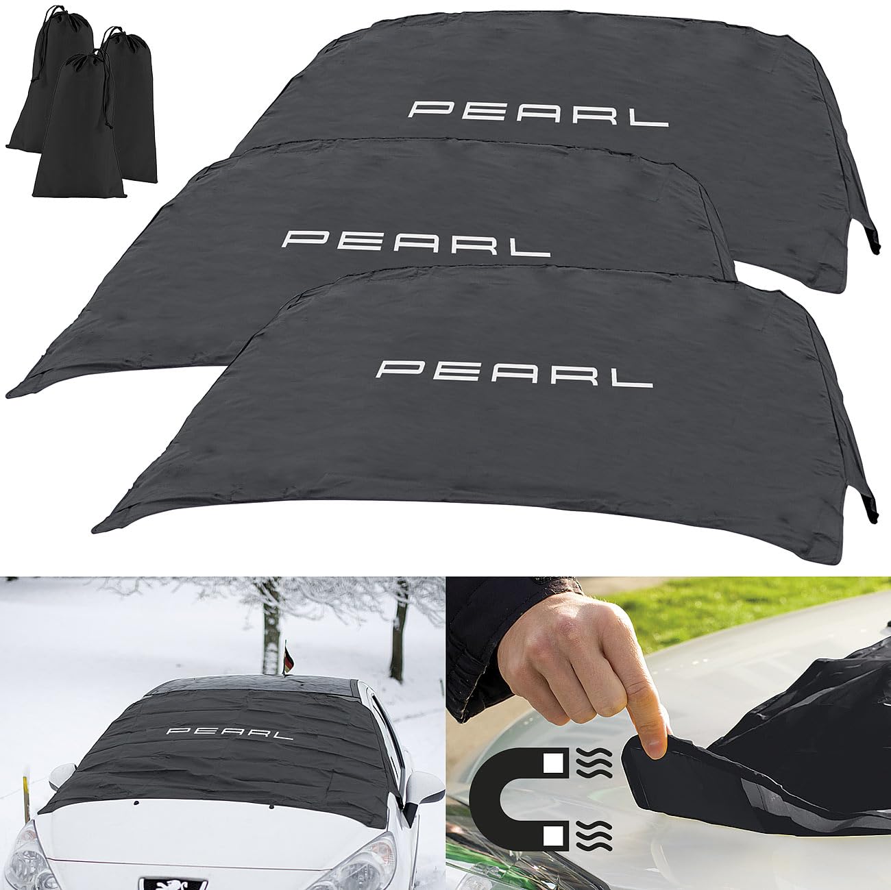 PEARL Folie Auto: 3er Pack Fest sitzende Anti-EIS-Scheibenfolie mit Magnet-Fixierung (Eisfolie Auto, Magnet-Scheibenabdeckung, Spray)