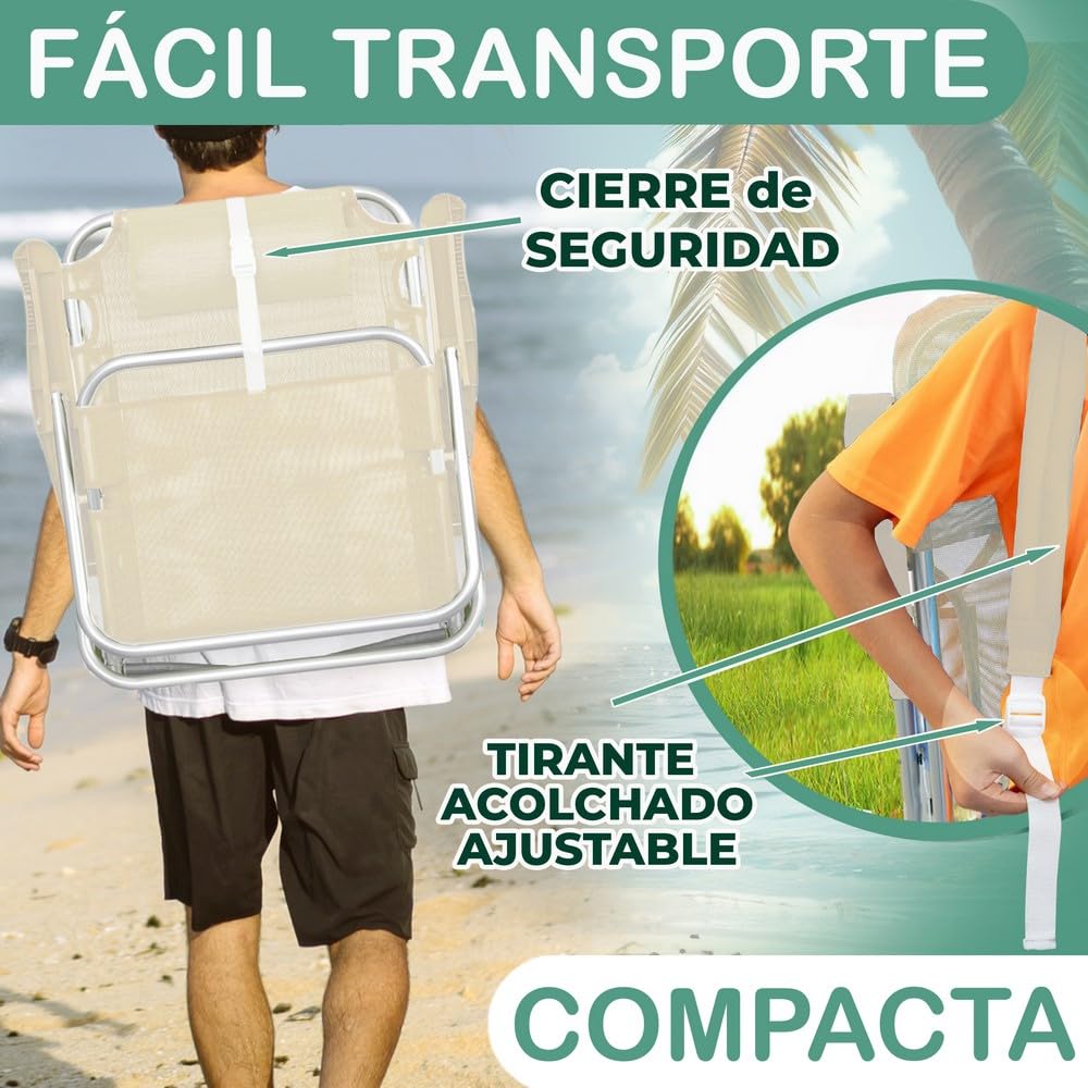 LOLAhome Silla Playa Mochila de 4 Posiciones de Aluminio y textileno de Color Beige