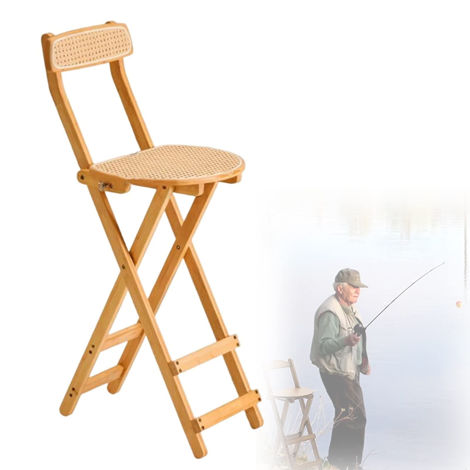 Tabouret de bar pliable en bambou 61,5 cm avec dossier rotin chaise haute cuisine gain de place