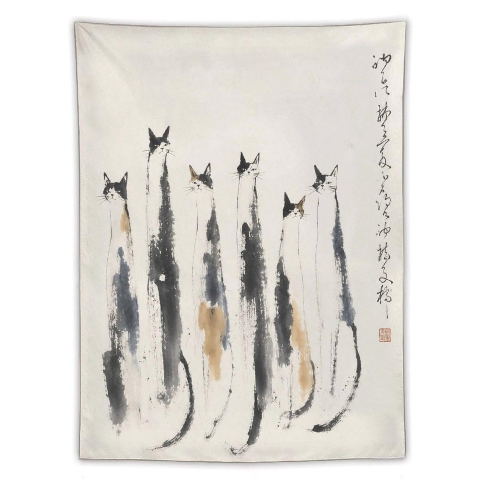 W7C8U2X3 Ink Cat Lineup Wall Tapestry, Asian Ink Style, Backdrop