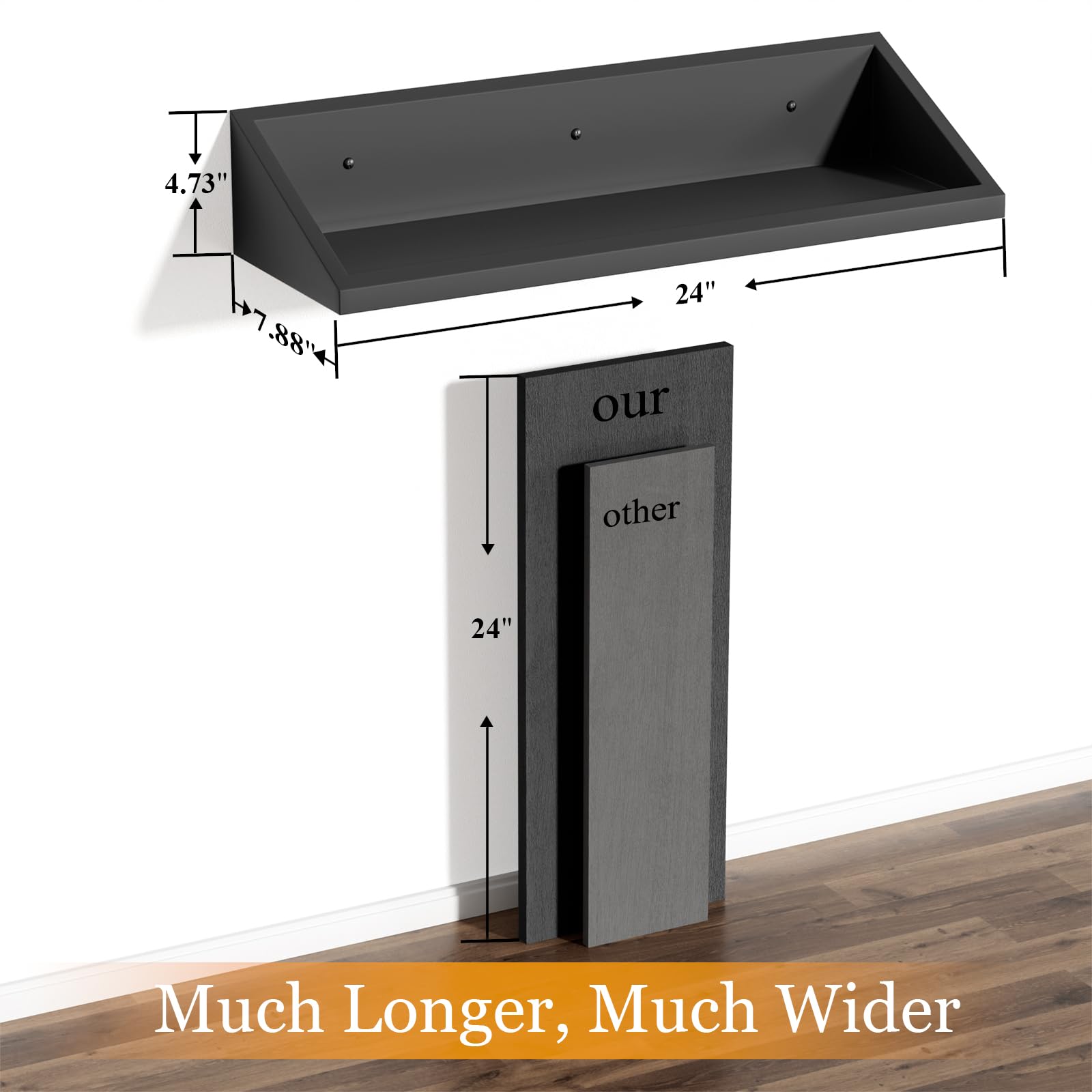 SRIWATANA Floating Shelves Large Set of 2, 24 Inch Wide Wall Shelves Wood Shelves Wall Mounted for Wall Decor in Bedroom, Living Room, Bathroom, Kitchen, and Office (Black)