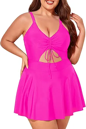 Summer Mae Women's Plus Size One Piece Swim Dress Floral Cutout Swimsuits V-Neck Bathing Suit with Skirt