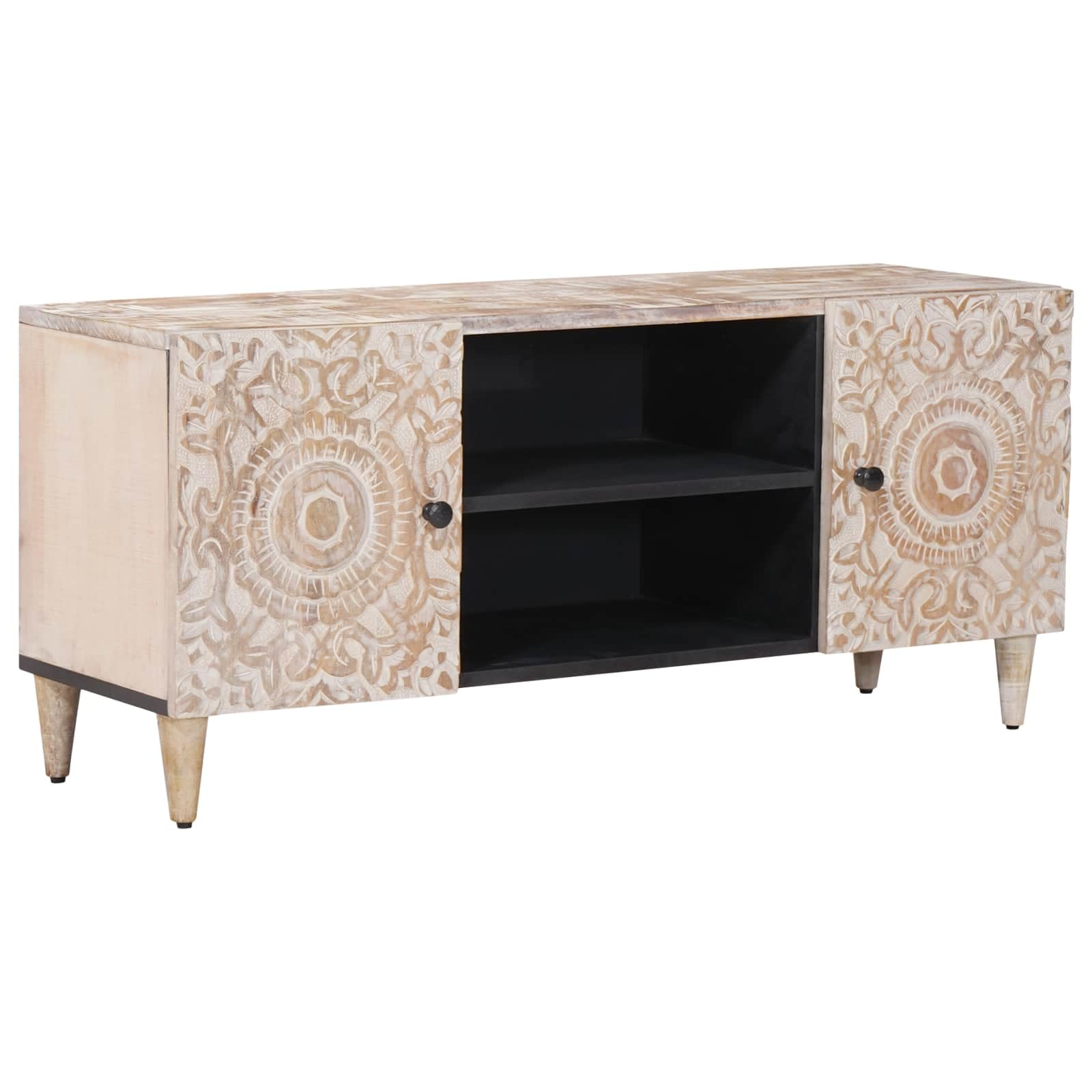 Mobile TV bianco in legno massiccio di mango, 105 x 33,5 x 46 cm, con spazio e gestione dei cavi, cassettiera bassa per soggiorno, ufficio, home theater, CD, DVD e scaffale