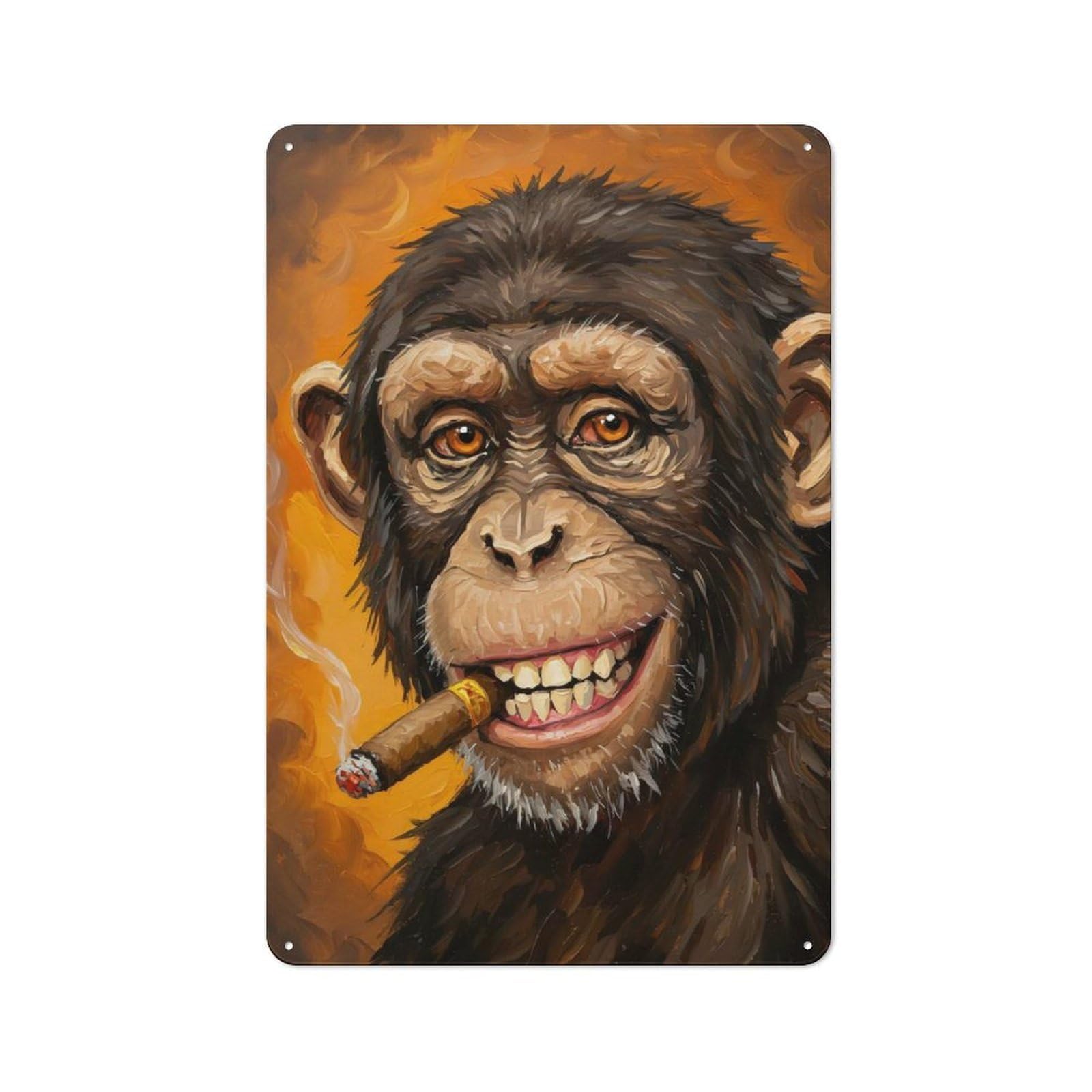Junmoney Chimpanzee Smoking Cigar Painting Rustic Tin Sign 30X20cm For Living Room Or Hallway, Suited To Living Room Decor Lovers