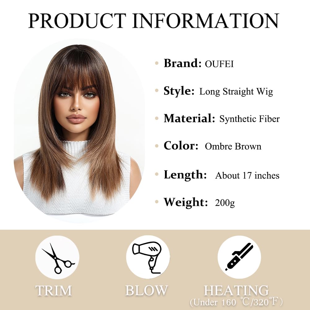 OUFEI Ombre Brown Wigs for Women Medium Length Long Straight Wig with Bangs Synthetic Hair Heat Resistant Wigs for Everyday Party Cosplay Wear - Image 2