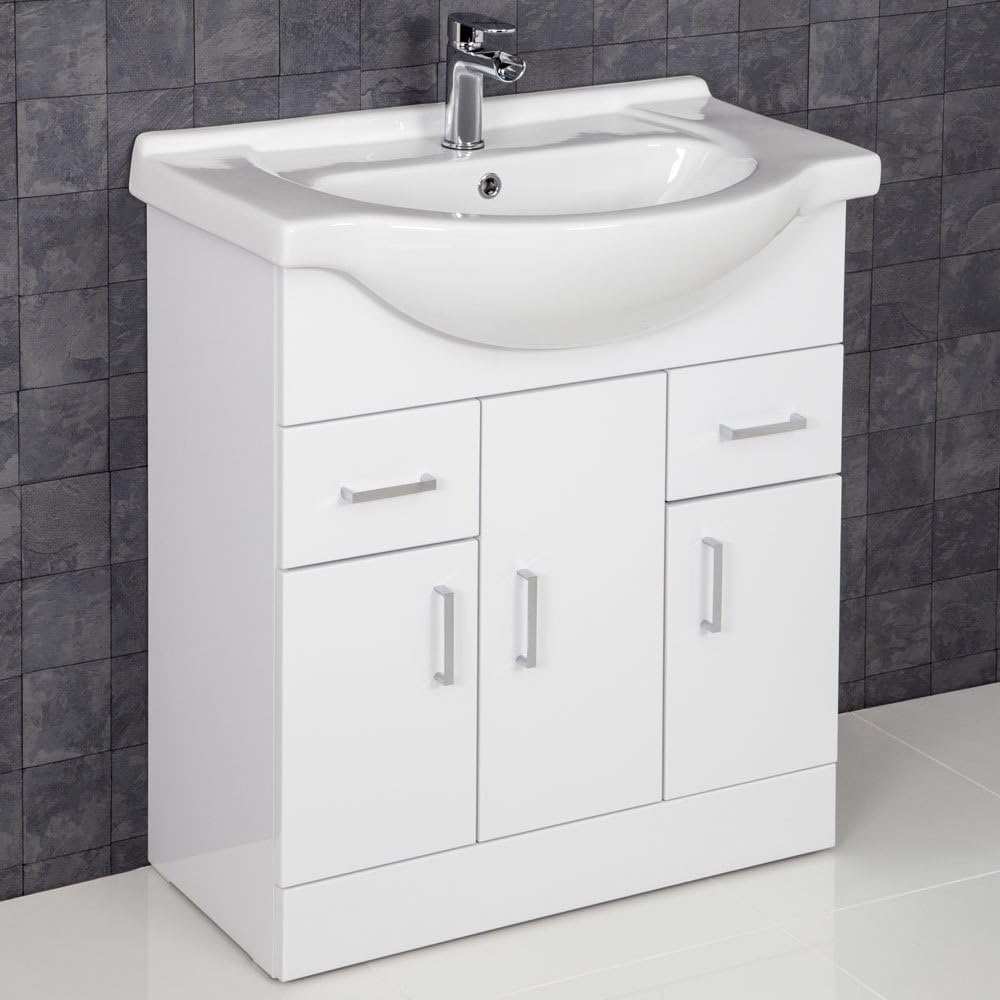 Essentials 750mm Bathroom Vanity Unit & Basin Sink Tap + Waste Floorstanding Gloss White