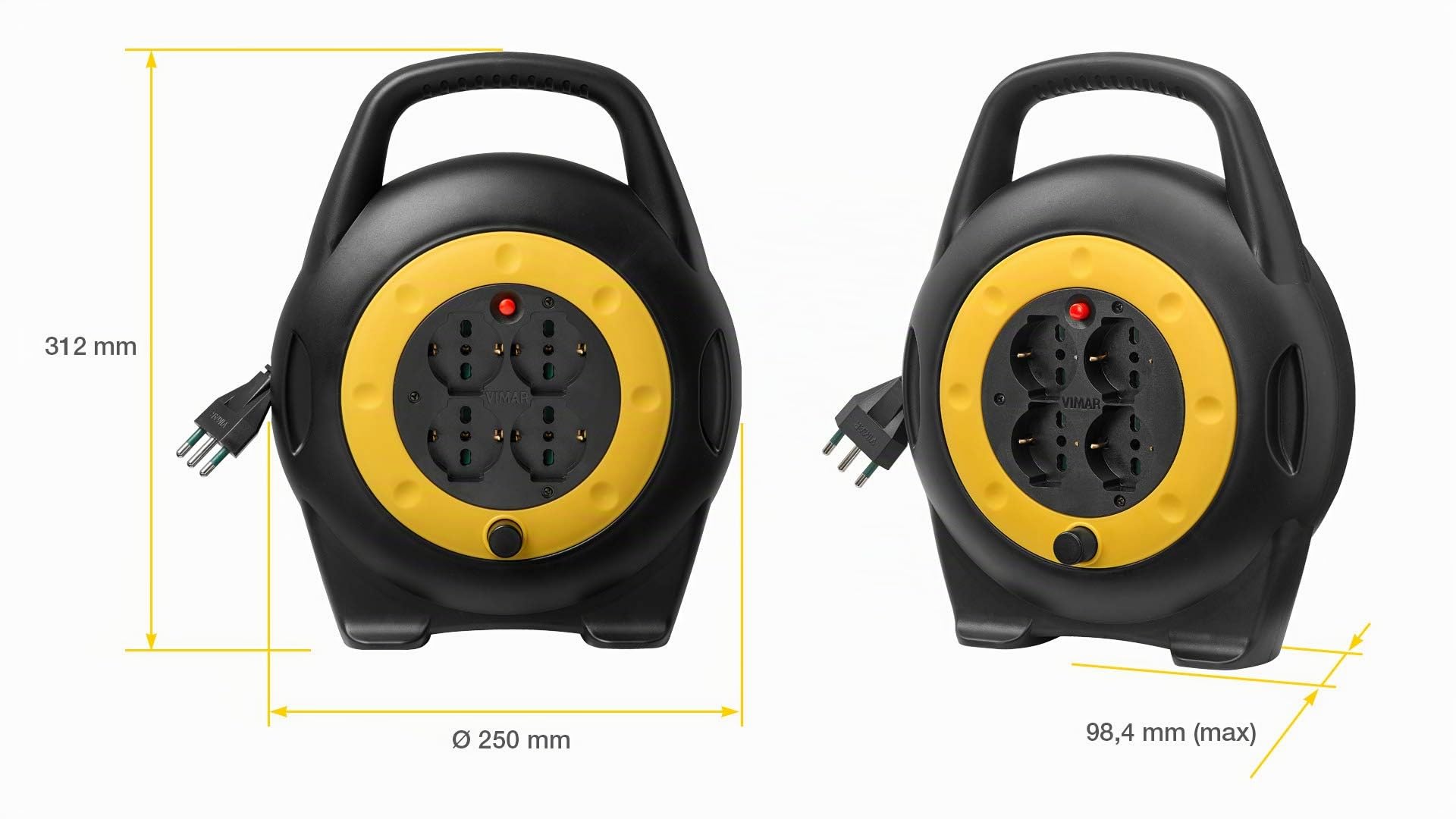 Vimar 0P32714 Enrouleur de câble 10 m avec 4 prises universelles à norme italienne sûre, fiche 16 A (grande) et disjoncteur thermique de protection en cas de surcharge