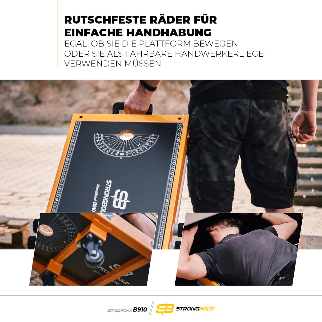 StrongBench B910 ❘ Multifunktionaler Werkstatttisch ❘ Höhenverstellbare Werkbank Werkstatt mit Höhenverstellbarer Arbeitsplattform ❘ Werkbank Klappbar ❘ Funktionalität als Handwerker-Liege