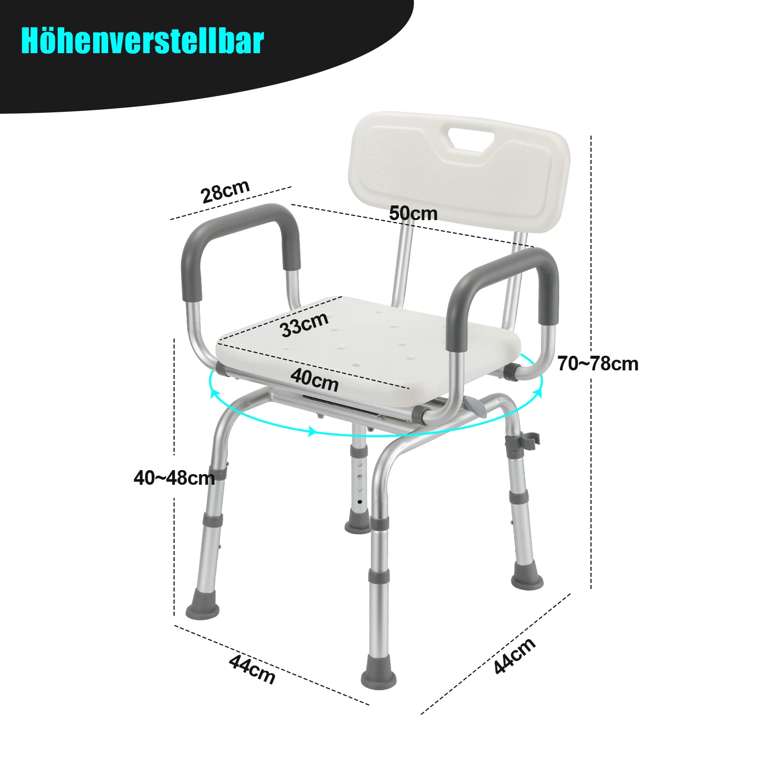 Gimisgu Silla de ducha giratoria 360°, con brazos y respaldo extraíbles, altura regulable 56-69 cm, grandes ventosas, taburete de ducha para personas mayores, estable asiento de ducha sin herramientas