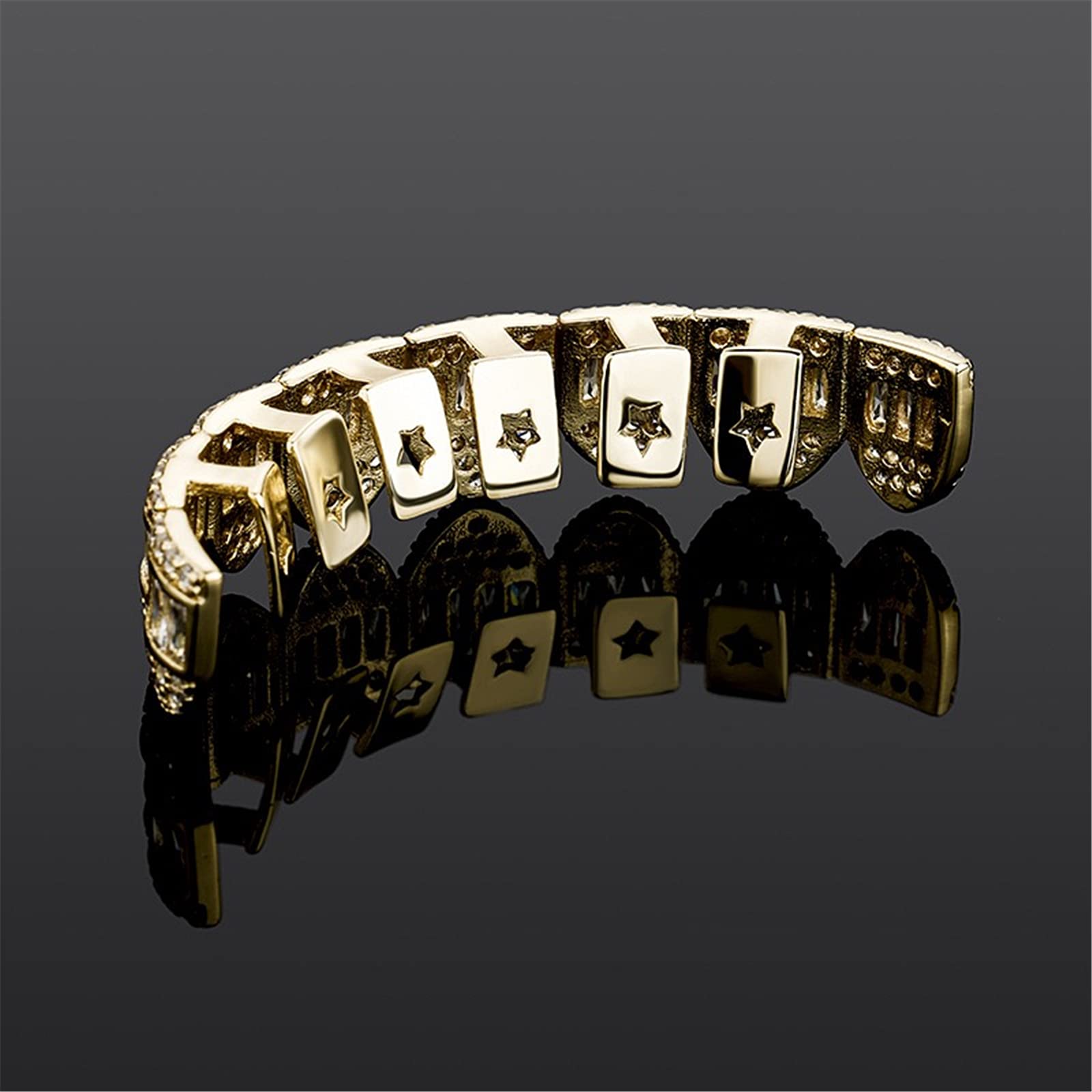Fantex Iced Out Brillant Baguette CZ Diamant Dents Grills Porter Ensemble de Bijoux, Or 18K Plaqué Or Hip Hop Dents Bretelles pour Hommes Femmes (White)