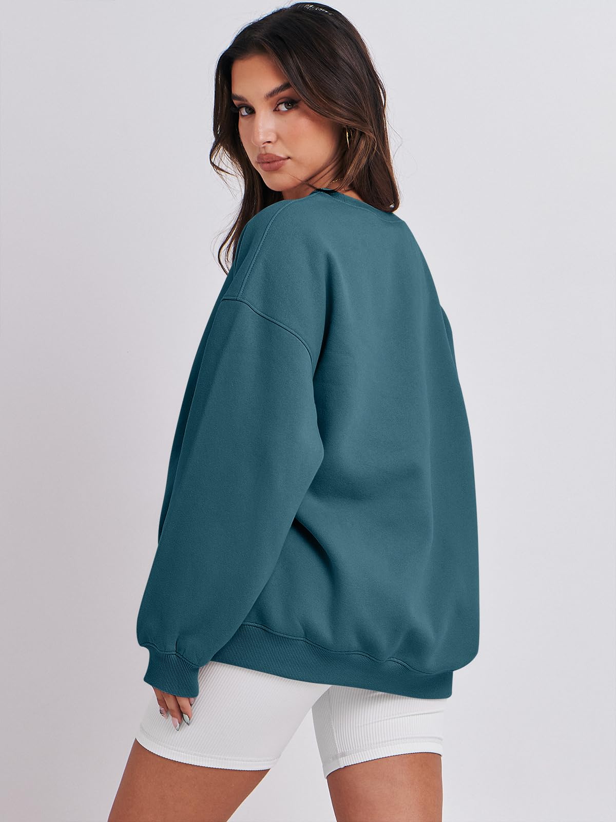Damskie bluzy oversize bluzy z kapturem polar okrągły dekolt sweter top codzienne jesienne stroje preppy ubrania nastolatki 2024 A1019 światło, Jeden kolor, Lake Blue_XL
