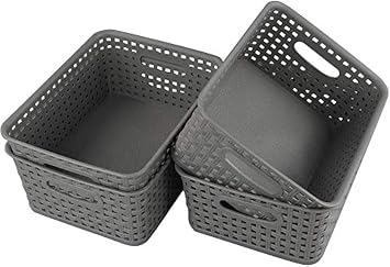 Jekiyo Grey Plastic Storage Basket, 4 Packs Pantry Storage Bin
