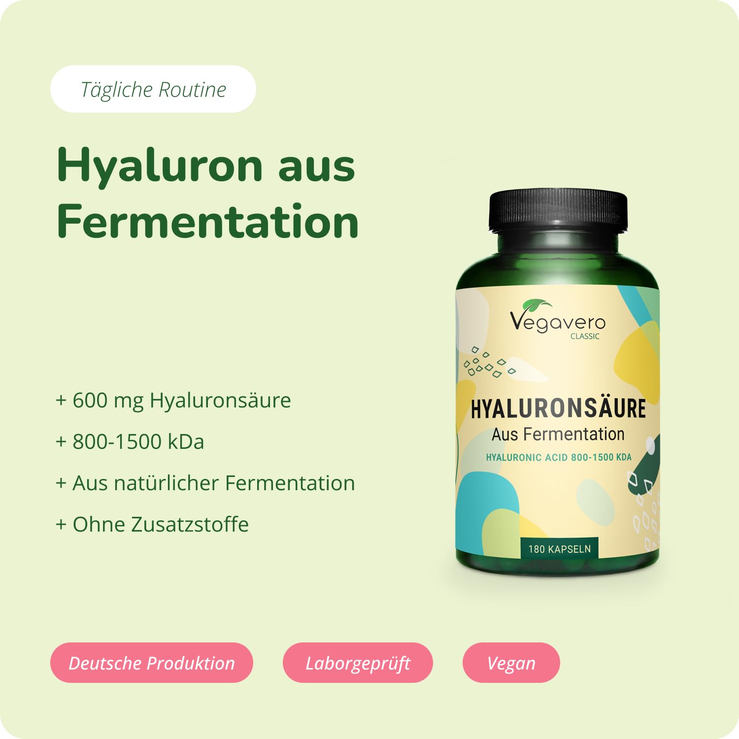 Hyaluronsäure Kapseln Vegavero | Hochdosiert - 600 mg | 180 Stück für 6 Monate | 800-1500 kDa Hochmolekular | Ohne Zusätze & Vegan