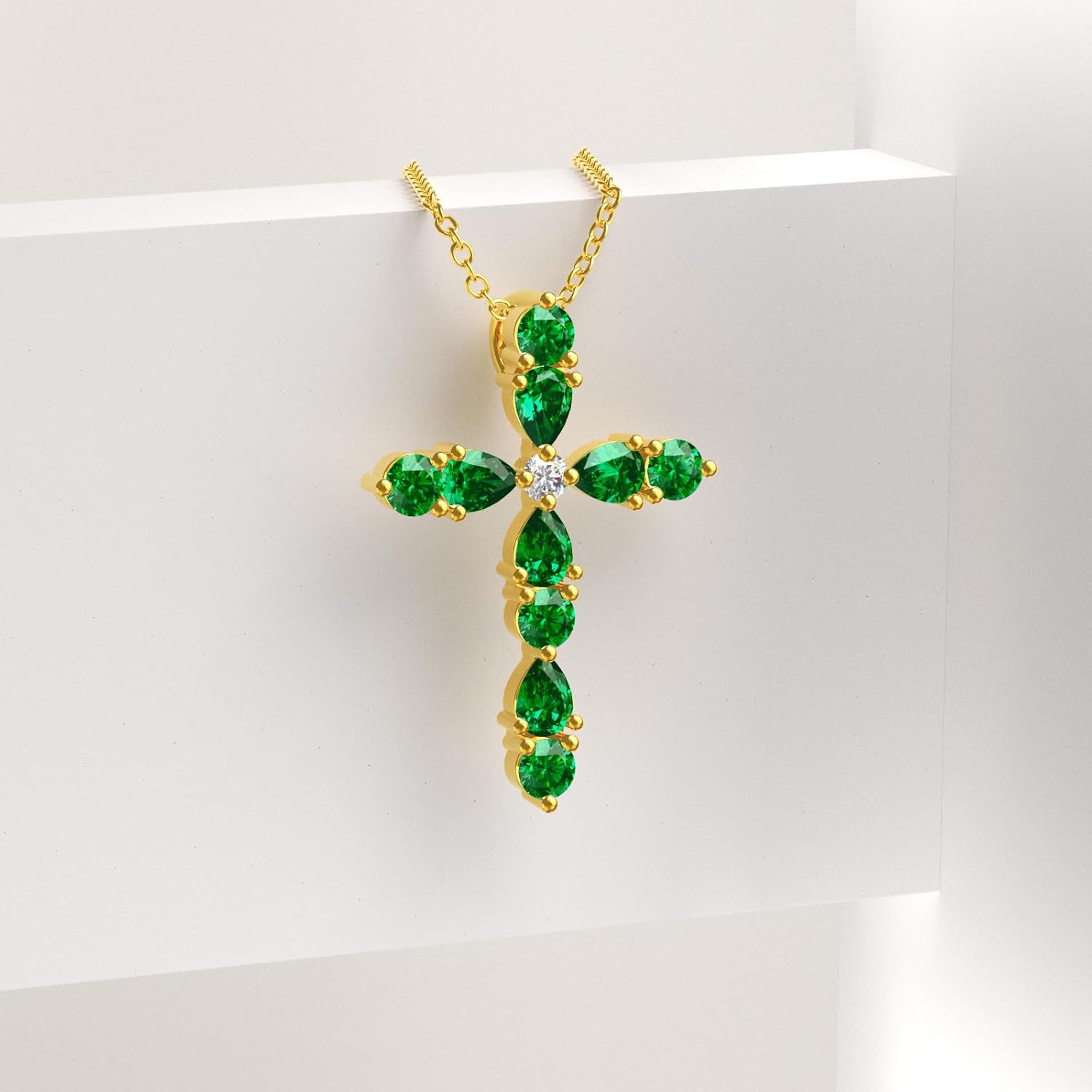 Emerald Necklaces for Women 18K Gold Plated Silver Cross Green Emerald Pendant Necklaces, May Birthstone 16+2"