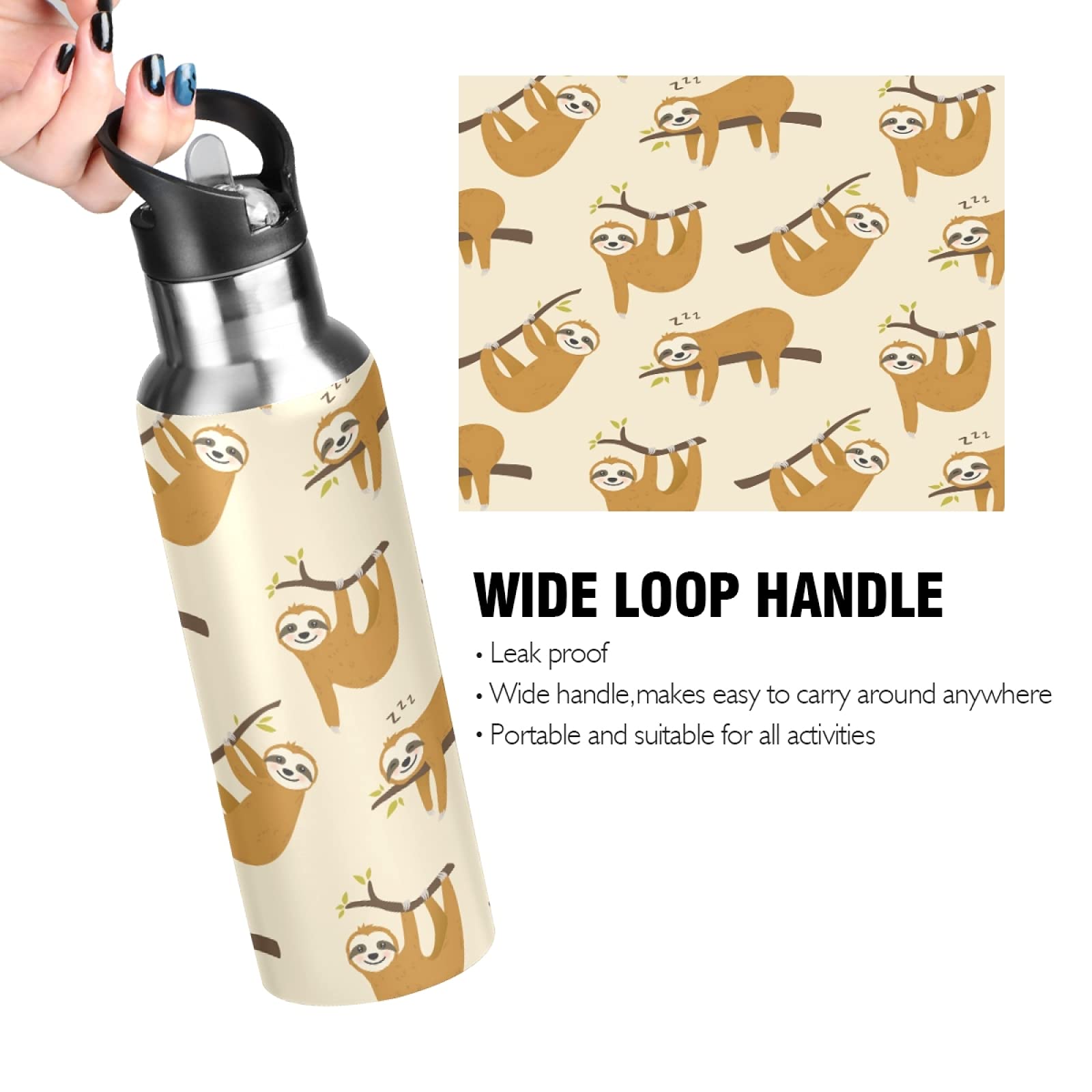 Borraccia Termica 600ml Per Bambini Con Simpatico Bradipo, Acciaio Inox, Mantiene Caldo 12h E Freddo 24h, Senza BPA, Per Scuola E Sport