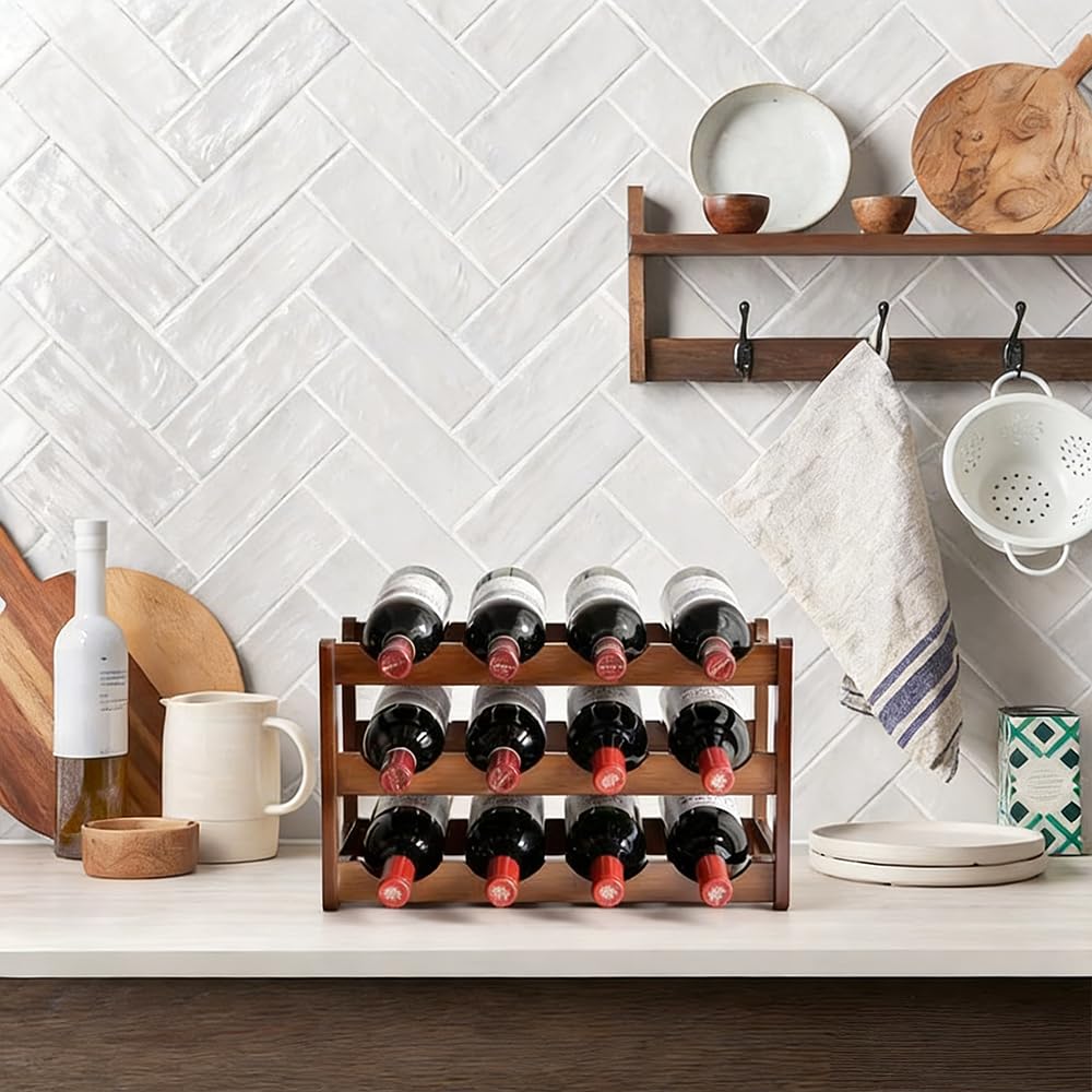 Portabottiglie da Tavolo in Bambù Portabottiglie di Vino per Bar | Portabottiglie in Bambù a 3 Piani per 12 Bottiglie, Standard Portabottiglie Autoportante, per Cucina Soggiorno Cantina