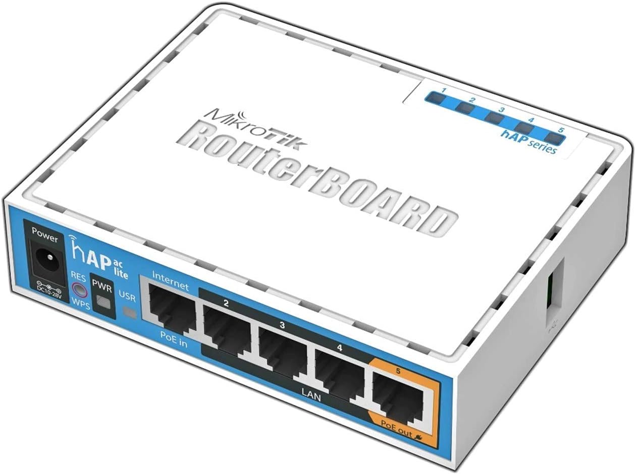 MikroTik hAP ac lite with 650 MHz CPU, 64 MB RAM, 5xLAN, Built-in, RB952UI-5AC2ND (64 MB RAM, 5xLAN, Built-in 2.4 GHz 802.11b/g/n Two Chain Wireless with Integrated Antenna, Built-in T-in 5G. hz 80)