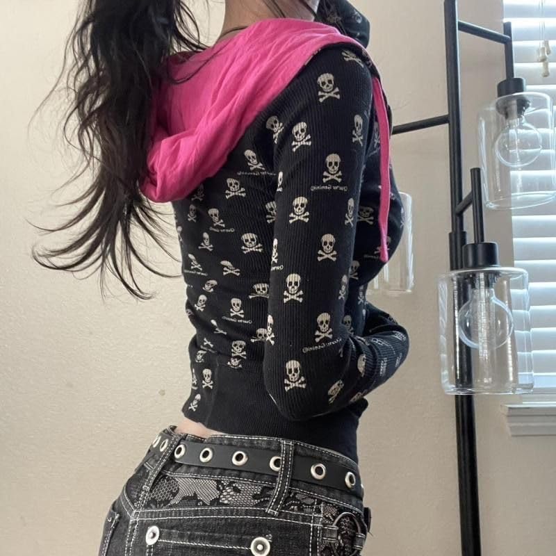 Womens Punk Skeleton Print Contrasting Hoodies Sweatshirt Jacket Women Slim Fit Black Long Sleeve Tops - Image 3