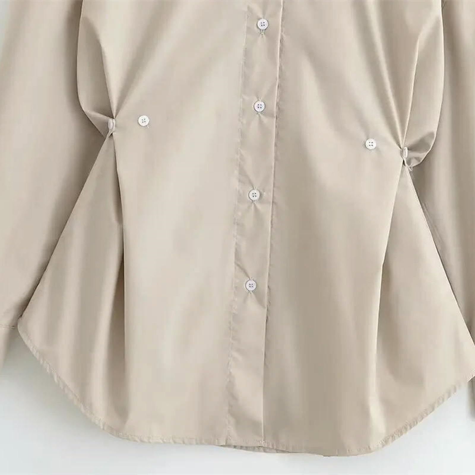 Camicia Donna Ampia con Cuciture Monopetto A Maniche Lunghe Risvolto Regolabile in Vita da Autunnale-Cachi-m