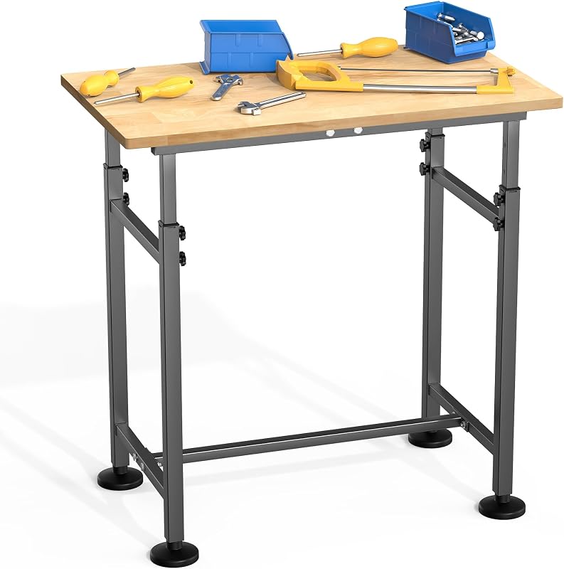 WALMANN Heavy Duty Adjustable Height Workbench 32" x 18" | Rubber Wood Top Work Table for Garage, Workshop, 2000 lbs Load Capacity