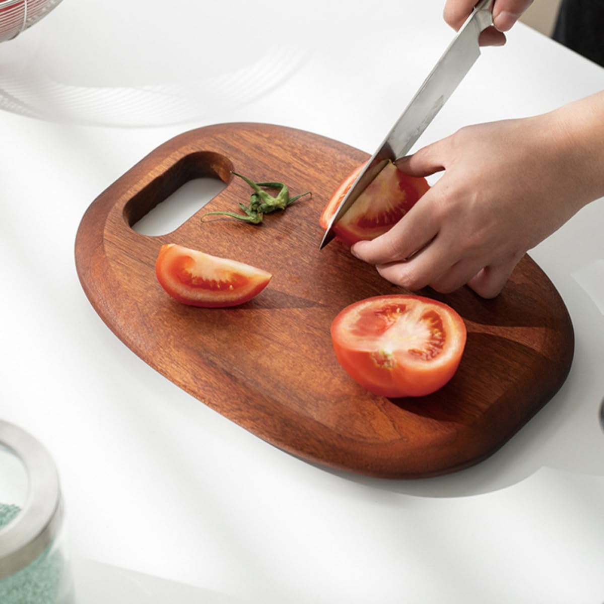 FOMIYES Tabla de Cortar Bloque de Corte para Cocina de Madera Marrón, Reversible, Gruesa, Orificio Superior, para Frutas, Bodas y Despedidas de Soltera