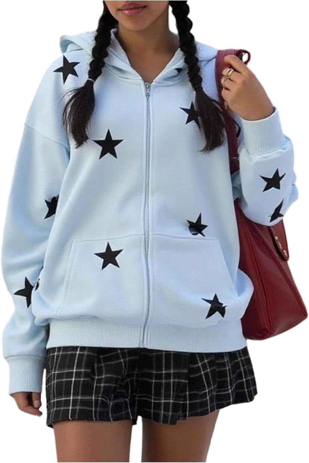 SHENHE Women's Star Print Y2k Hoodie Long Sleeve Zip Up Oversized Sweatshirts with Pockets