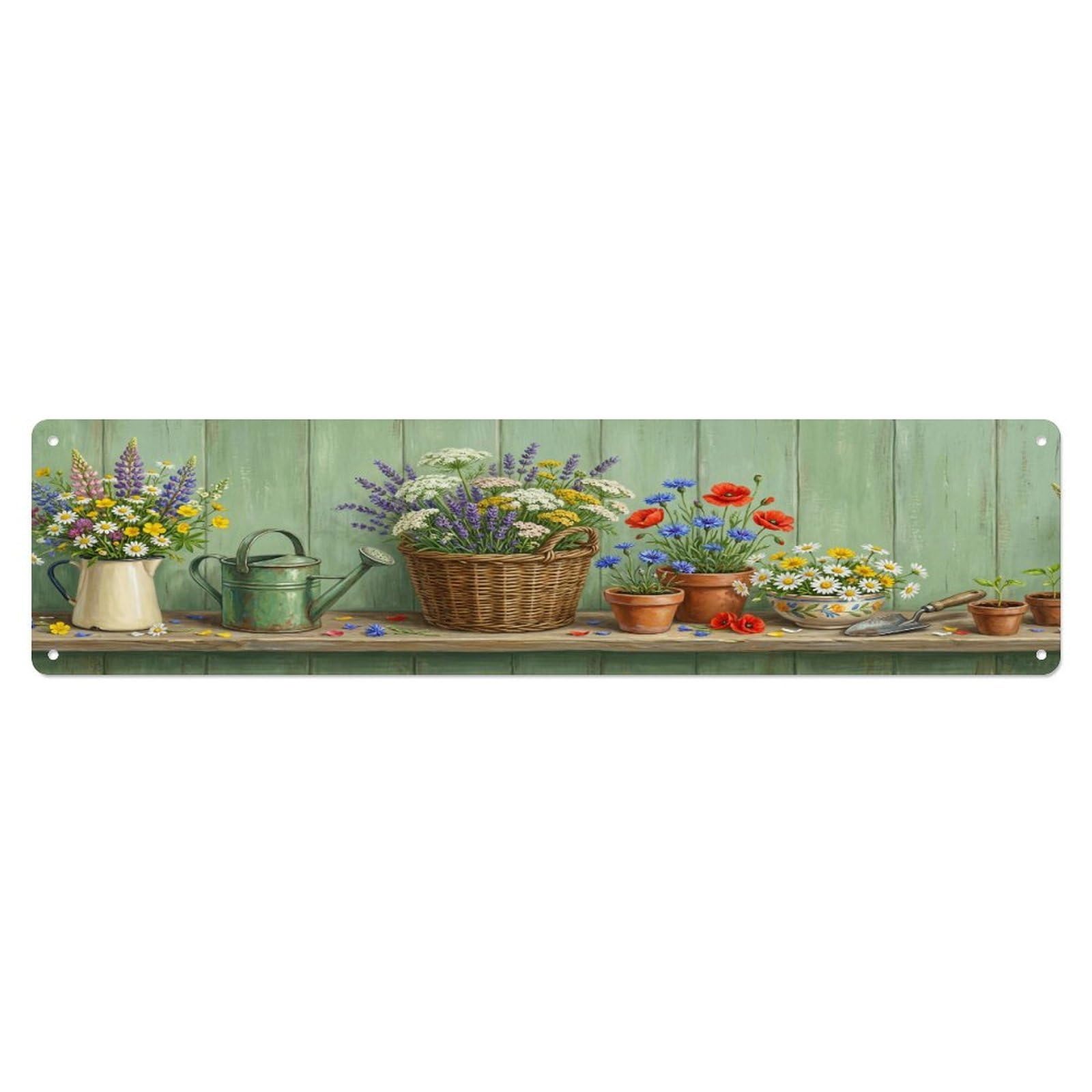 Floral Garden Tools Wildflower Meadow Pattern Print Metal Tin Sign
