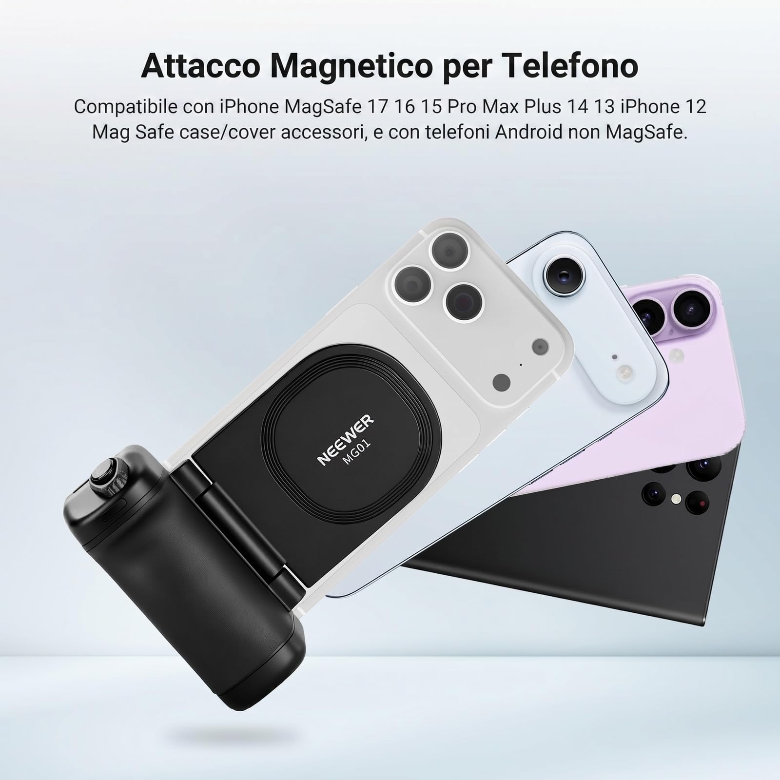 NEEWER Impugnatura Magnetica per Fotocamera Telefono Compatibile con MagSafe iPhone Samsung Ricarica Wireless, Grip Ergonomica con Batteria 3500mAh e Telecomando Rimovibile per Video Treppiede, MG01