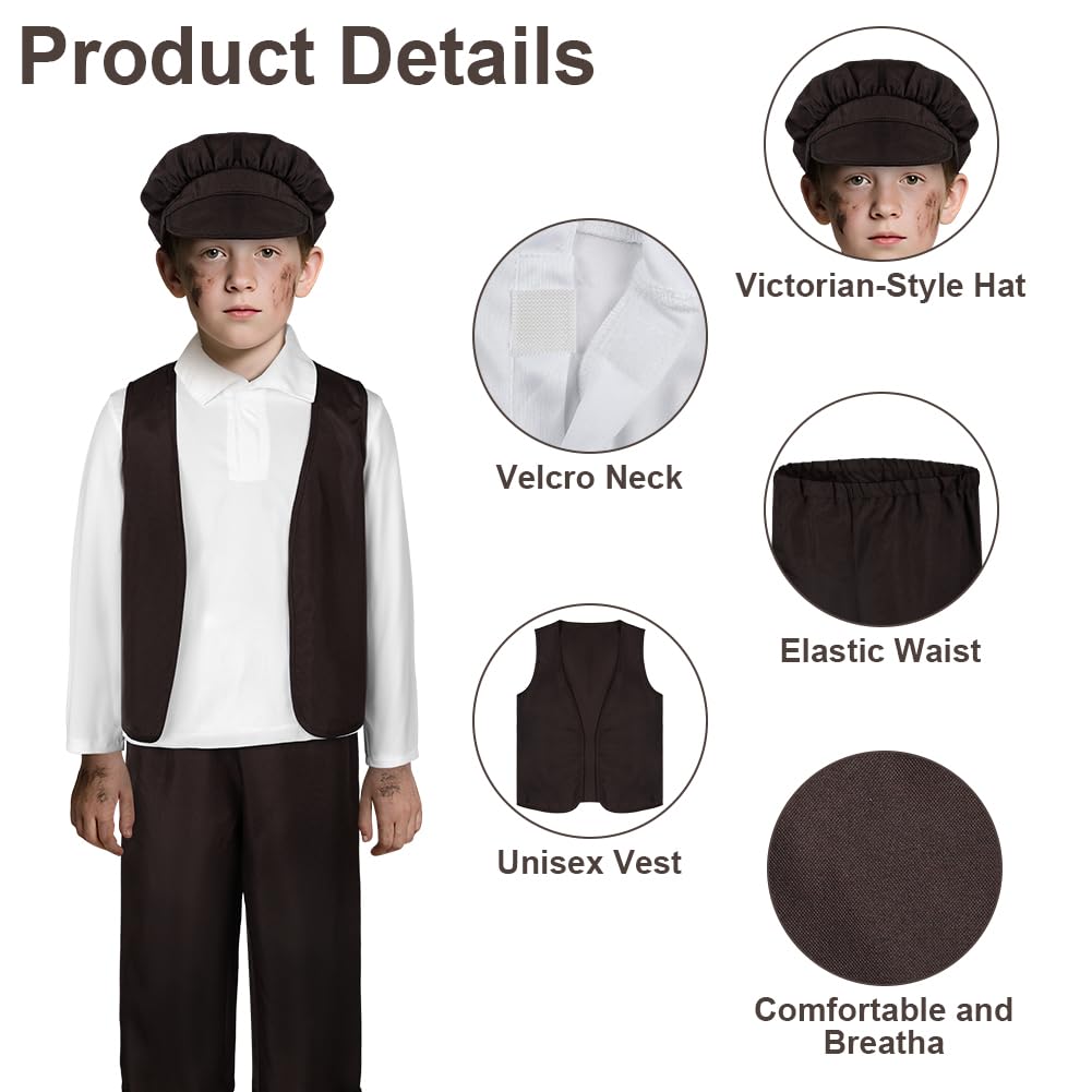 DiULi Children’s Victorian Boy 4 Piece Set Vest Hat Pants Shirt,himney Sweep Costume for Children,Boys Victorian Costume for World Book Day & School Play Outfit,Child Dress Up Costumes,L Dark Brown - Image 3