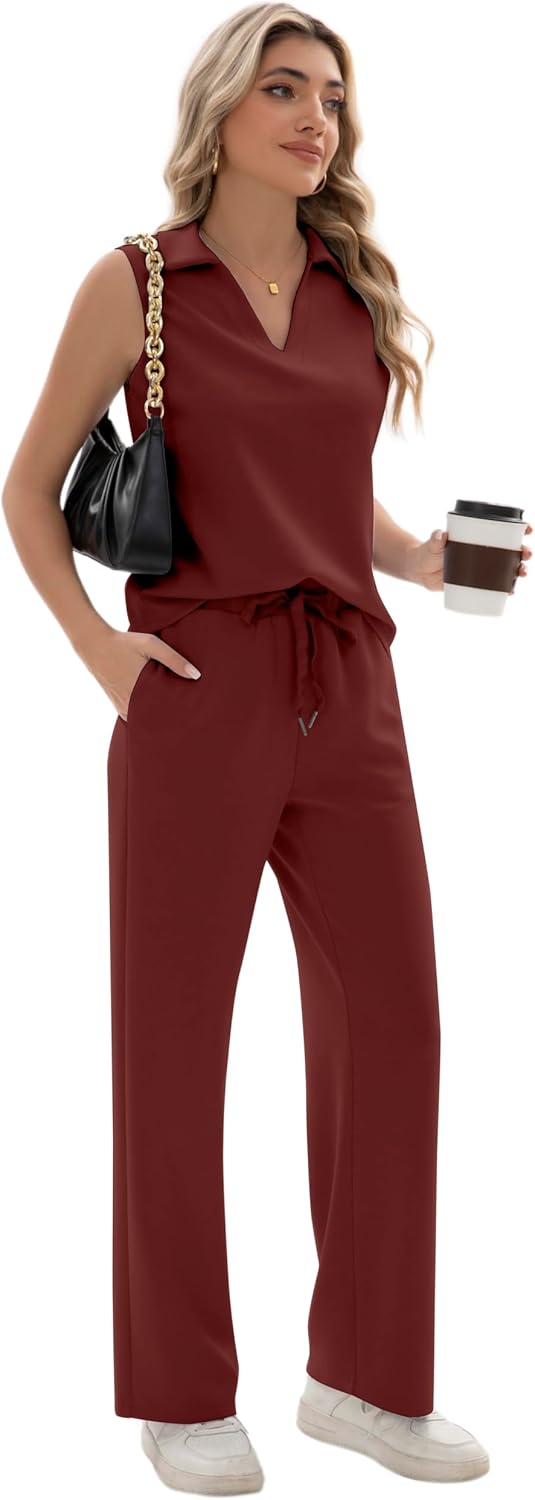 Sixstar Two Piece Sets for Women Summer V Neck Tops Wide Leg Sweatpants Sleeveless Tracksuit Travel Outfits - Image 4