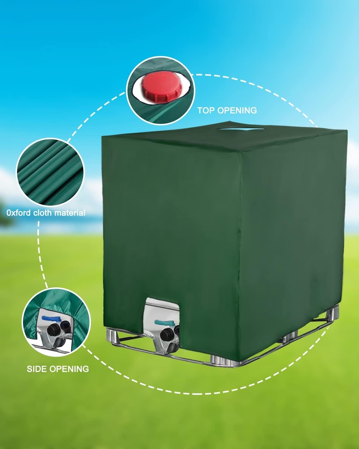 Bache pour Cuve IBC 1000L, Bache de Réservoir d'eau Couvercle, Anti-UV Anti-Poussière Bache de Housse Protection, Bouchon Cuve a Eau Bâche (116 x 100 x 120 cm, Vert)