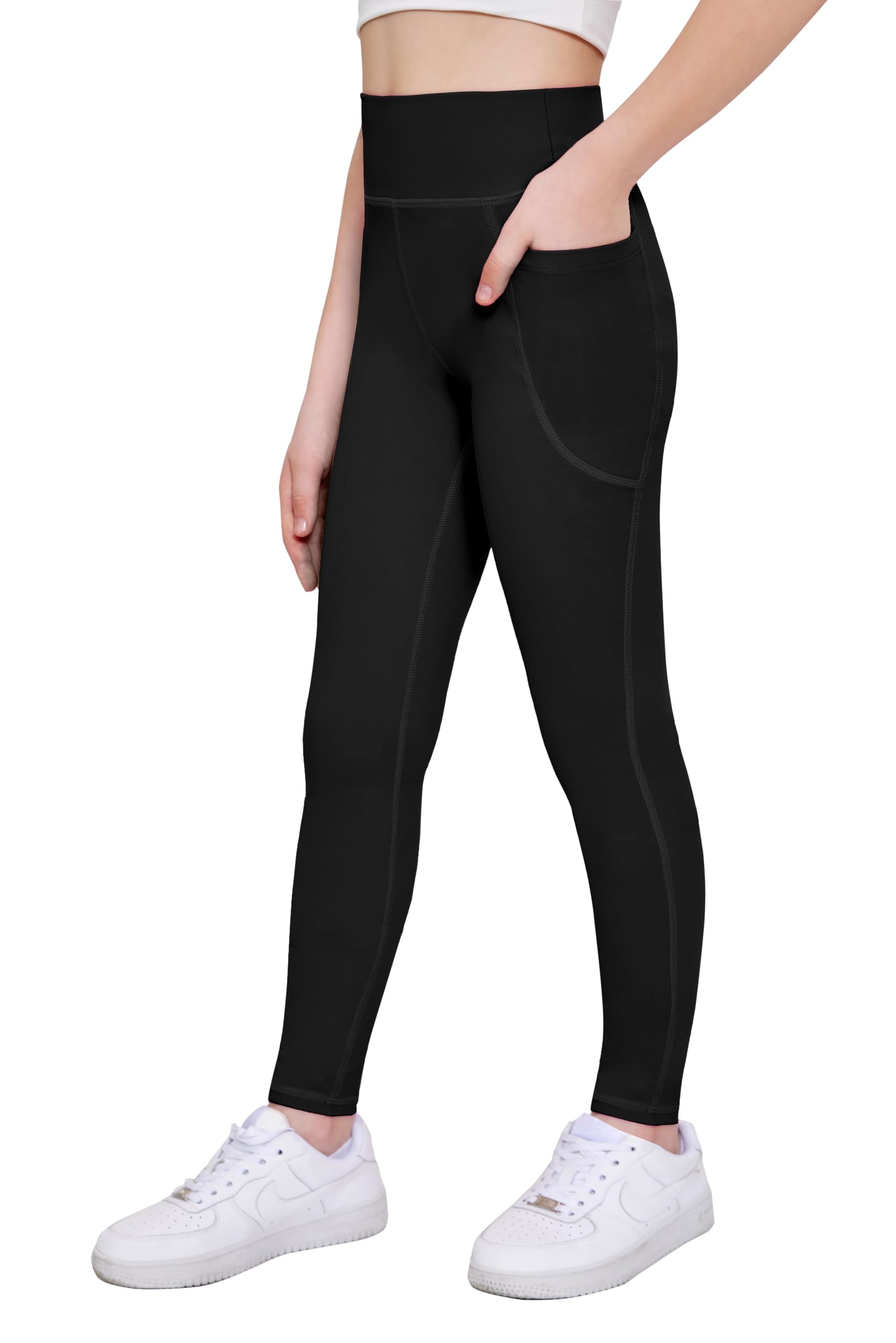 Arshiner Mädchen Leggings Kinder Lang Sportleggins Einfarbig Hohe Taille Sporthose Basic Elastisch Leggings Jogging Training Yoga Hosen mit Taschen 5-14 Jahre