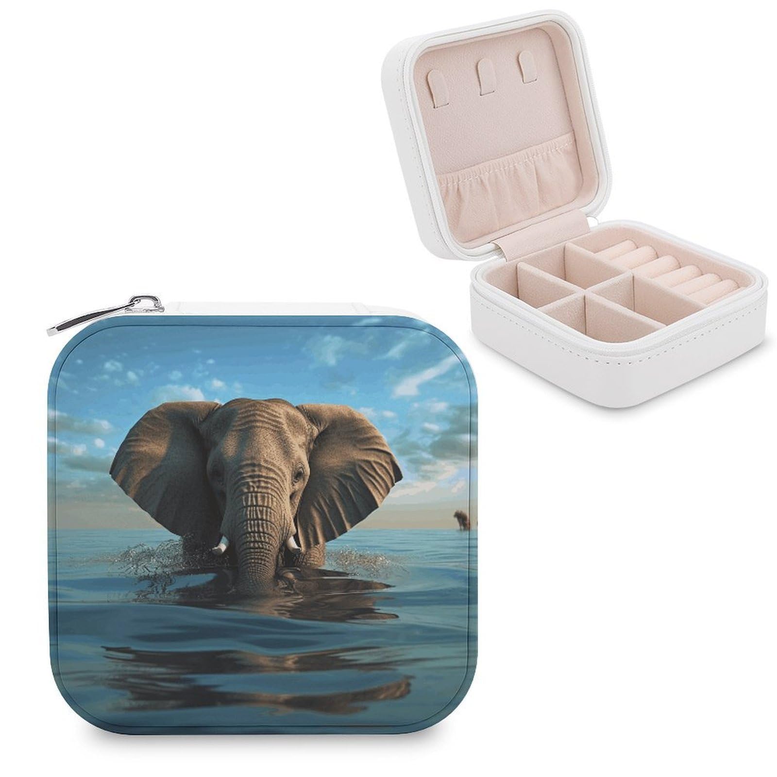 JTREHY Travel Elephant Is Sitting in The Water Jewelry Case Portable Display Storage Box PU Leather Mini Jewelry Travel Case Personalized Travel Jewelry Organizer Small Jewelry Box for Women