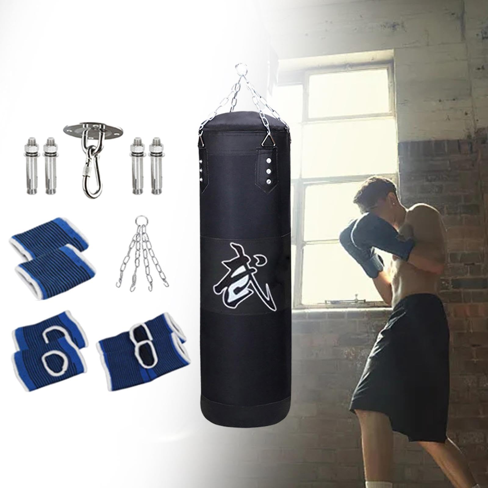 QSTDGVPW Punching Bag Hanging Unfilled Punching Bag with Chain with Hanging Hook Boxing Sandbag for Adults Muay Thai MMA Body Building, Black 100cm