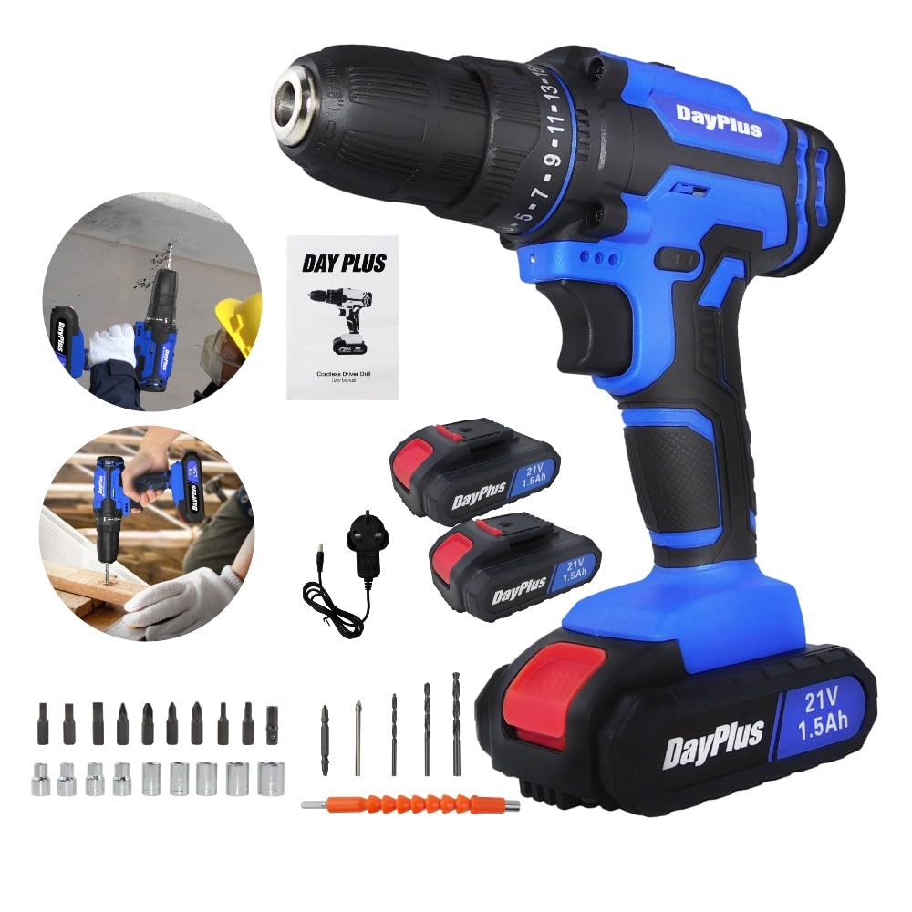 Taladro inalámbrico de 21 V, destornillador eléctrico de taladro inalámbrico, par de torsión 25+1, 2 velocidades, luz LED, 26 accesorios, kit de taladro combinado inalámbrico para bricolaje en
