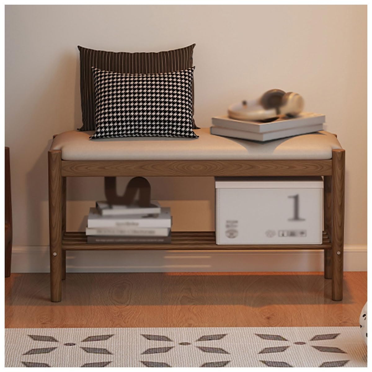 Banc de rangement en similicuir 80cm avec étagère bois