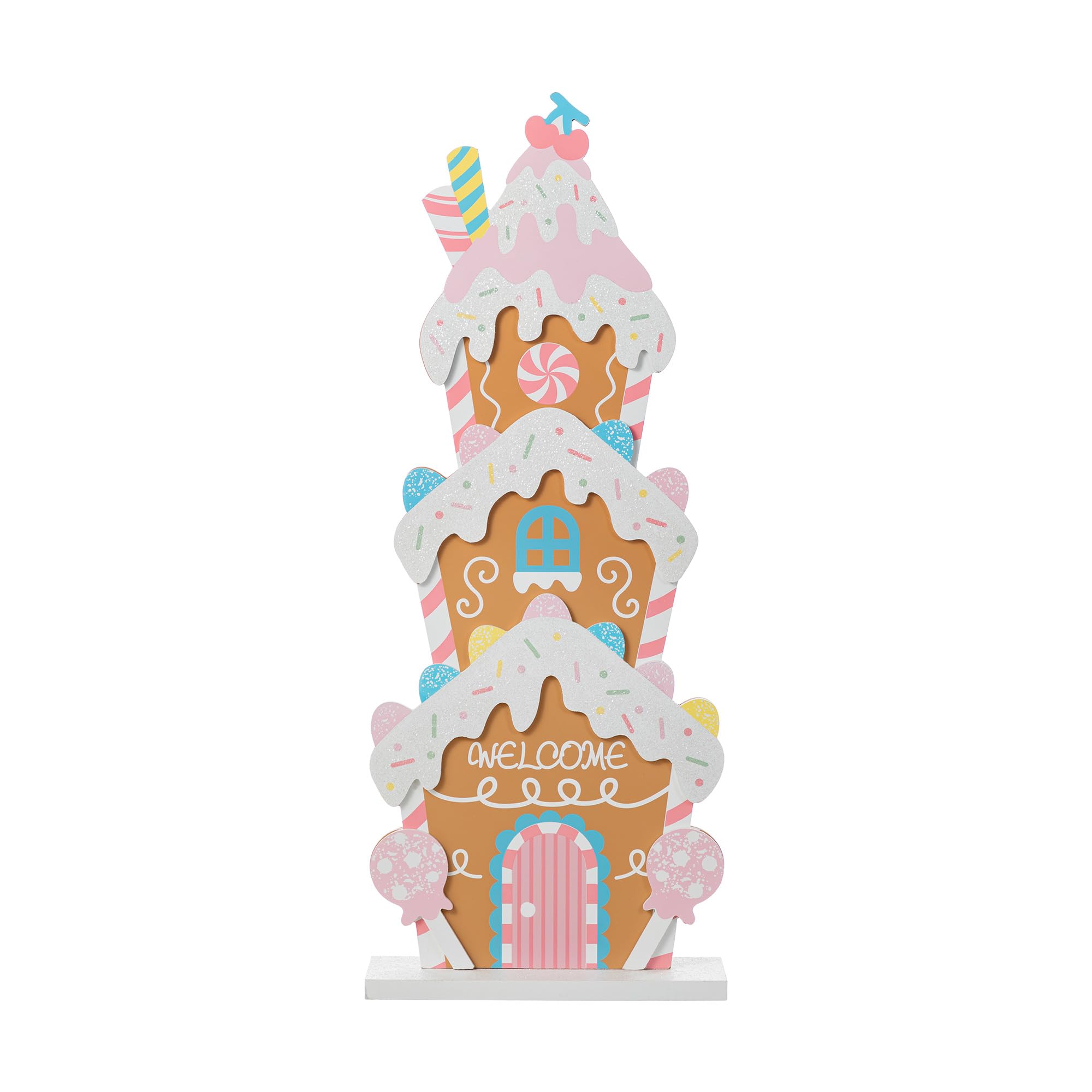 Glitzhome Décoration de porche de Noël en bois de 88,9 cm de hauteur avec message de bienvenue, panneau de pain d'épices rustique autoportant avec base, porte d'entrée intérieure et extérieure