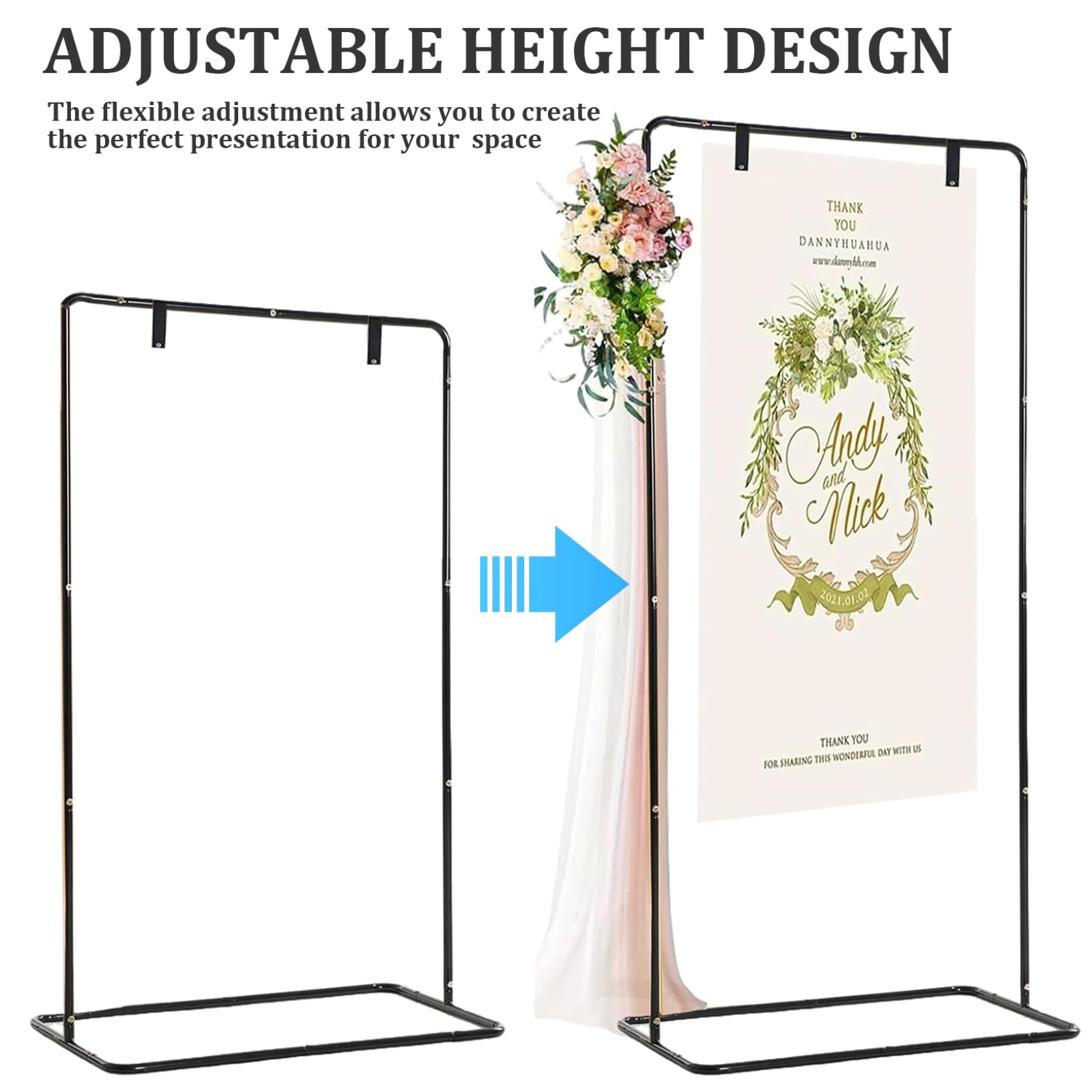 Supporto per cartello di benvenuto Porta cartello per matrimonio in ferro regolabile con cinturini in pelle, cavalletto quadrato di benvenuto per decorazioni nuziali Nero ART FORNITURE.