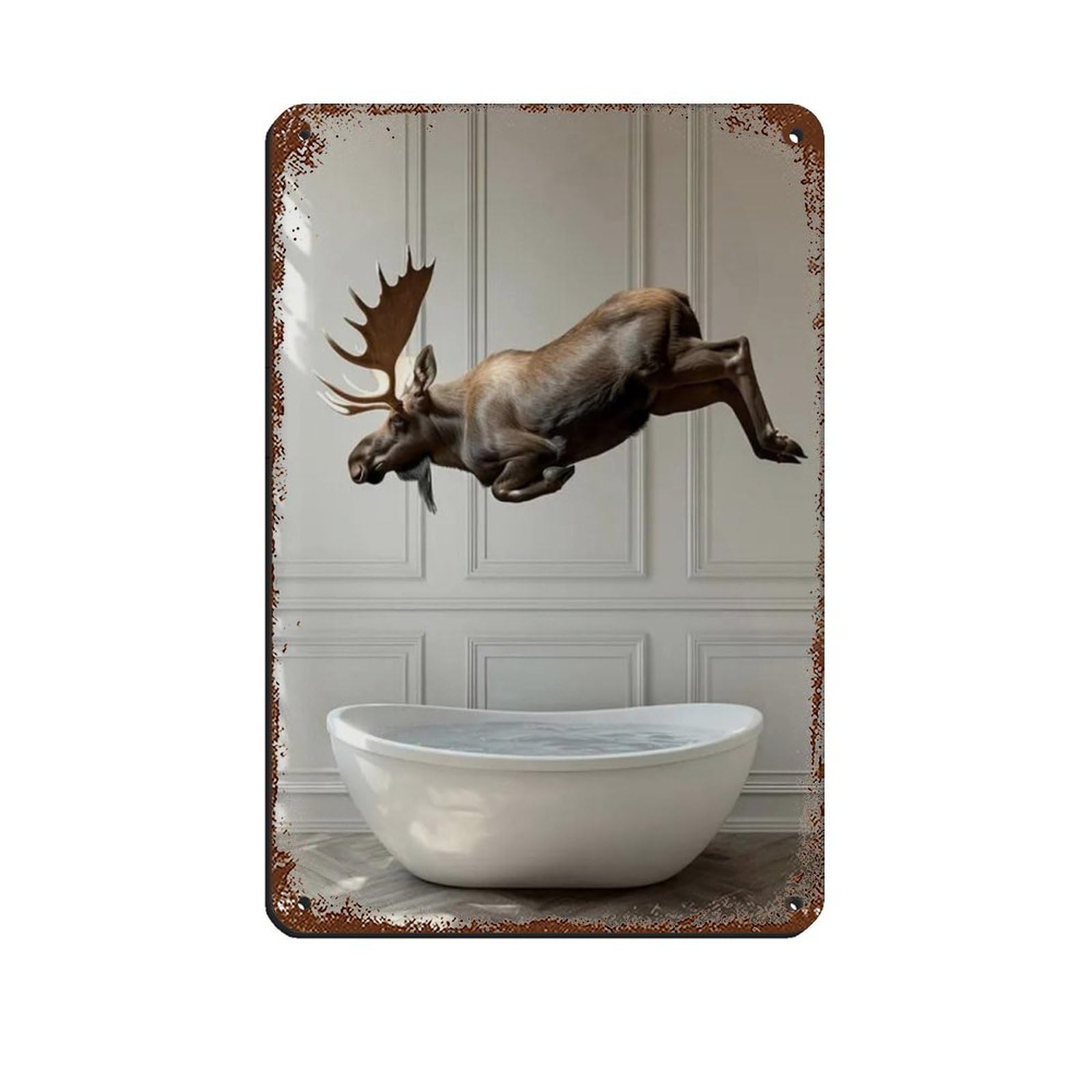 Moose Jumping Into Bathtub, Funny Bathroom Art Tin Sign Vintage Metal Pub Club Cafe Bar Home Wall Art Decoration Poster Retro 8x12inch(20x30cm)