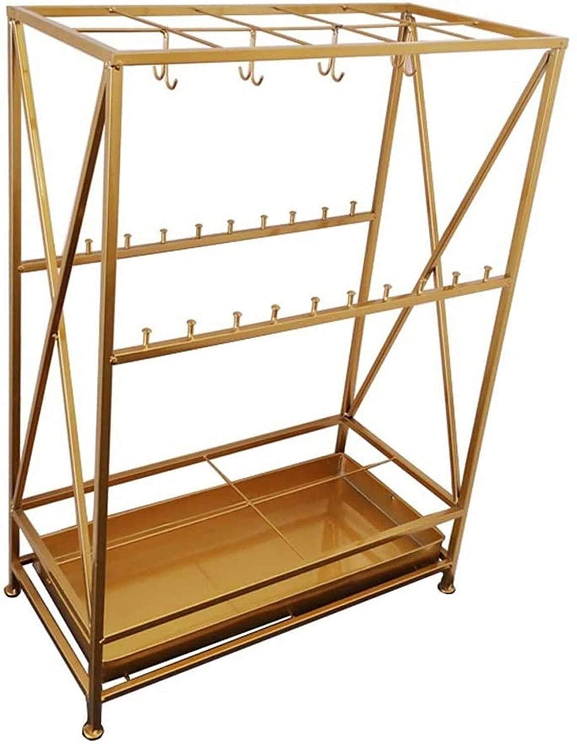 MFLASMF Paraplu Stand Moderne Gouden Metalen Paraplu Rekken, 15 Slot Vrijstaande Paraplu Standhouders, Opbergrek met 8 Haken en Afneembare Basis Druppelbak