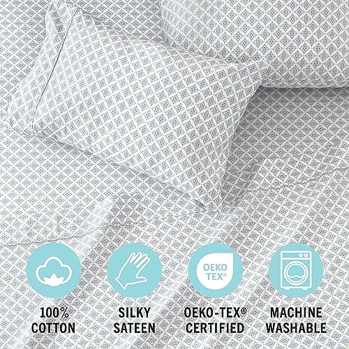 Image of Martha Stewart 100% Cotton Queen Sheets Set - 4 Piece, Soft, Smooth, Durable, Easy Care, 16 inch Deep Pocket Sheets, Dorm Room Bedding Sheets, Sateen Sheets, 1 Flat, 1 Fitted, 2 Pillowcases, China Blue