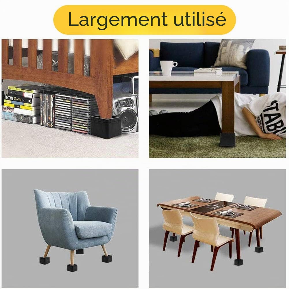 Uping Rehausseur Pieds de Lit Rehausseurs de Meuble, Augmenter Hauteur Réglable de 7CM ou 14CM Plastique (Noir)