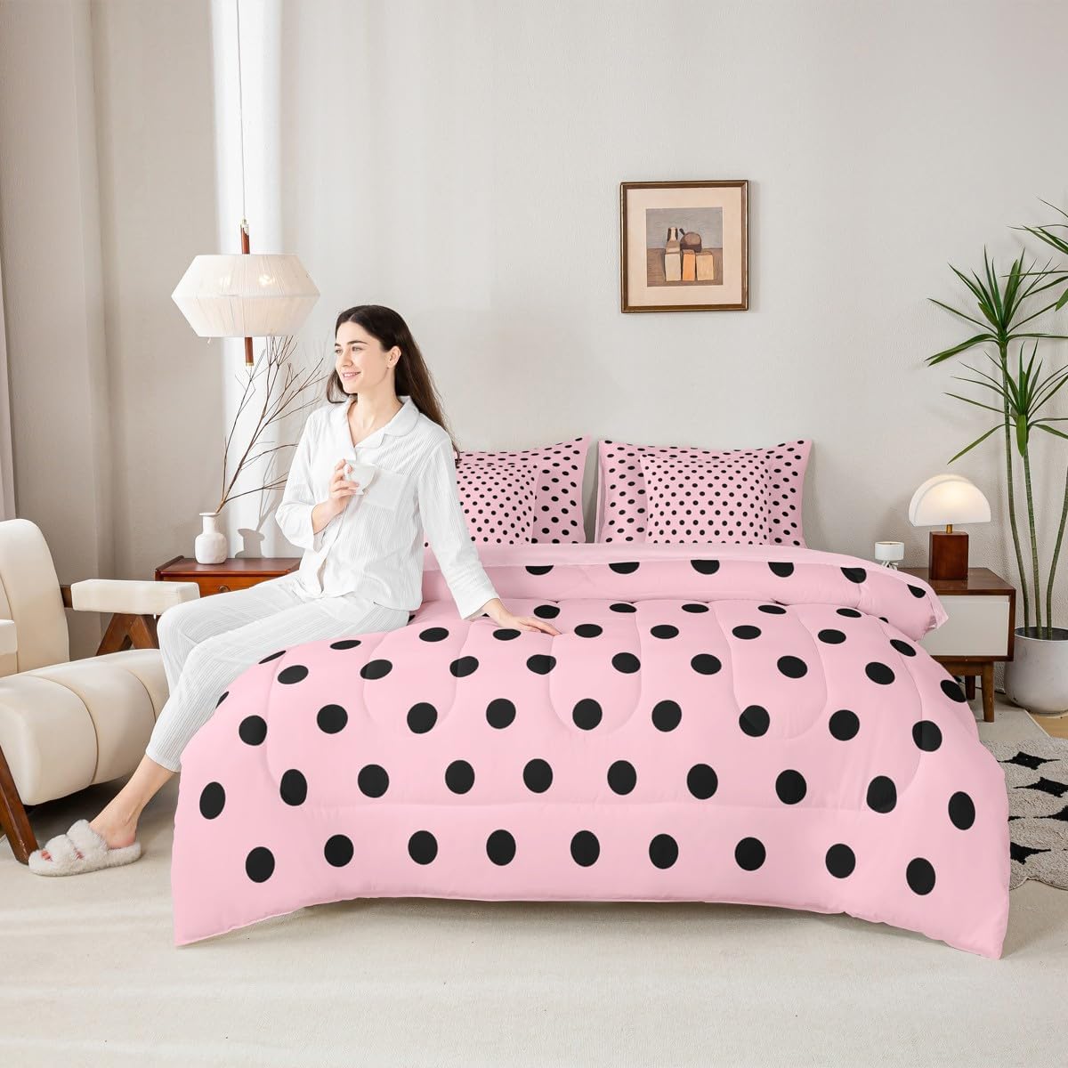 Erosebridal Pink Black Polka Dot Queen Comforter Set for Women Girl Teens | Black Spotty Patterned Bed in a Bag Simple Modern 7-Piece Bedding Set Geometric Abstract Quilt Duvet Sets