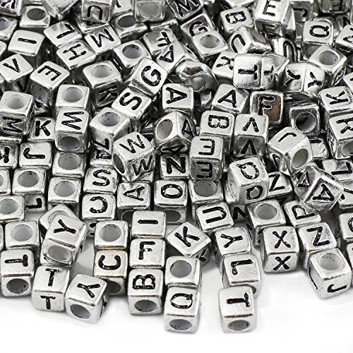 300pcs YURROAD 6mm Vintage Silver Mixed Alphabet Cube Acrylic Beads - Perfect for Crafting and Jewelry Making