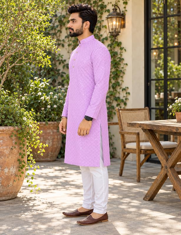 Image of Men's Lakhnawi Chikankari Kurta Set Cotton Ethnic Kurta Pajama for Men Wedding Festive Designer Indian Outfit Stylish Embroidered Kurta Set